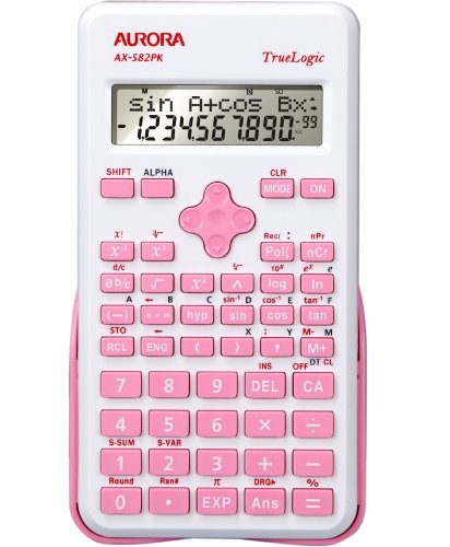 Aurora AX-582PK scientific calculator in white and pink, featuring a large display, numerous function keys, and a pink directional pad for easy navigation.