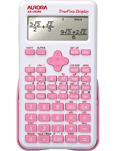 Aurora AX-595PK scientific calculator in white and pink, featuring a TrueView display, numeric keypad, and various function keys for advanced calculations.