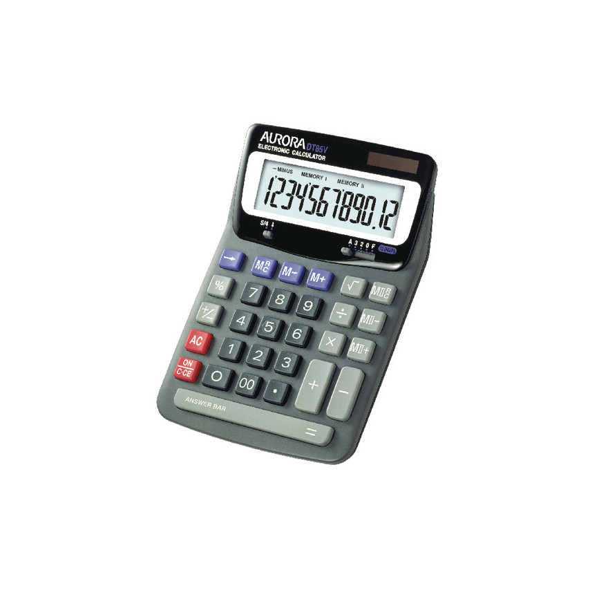 Aurora Heavy Duty Desktop Calculator in gray with a large LCD display, featuring a 12-digit screen, numeric keypad, and function keys in blue and red.