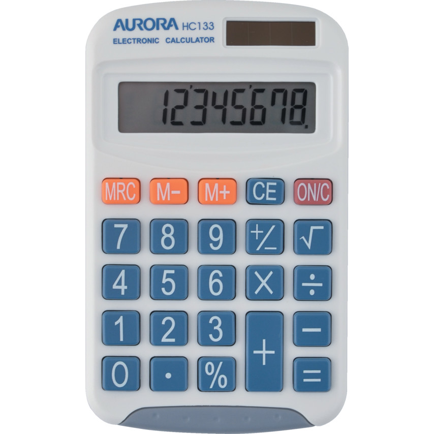 White pocket calculator with a large display, blue and orange buttons, featuring basic arithmetic functions and a compact design, labeled "Aurora HC133."