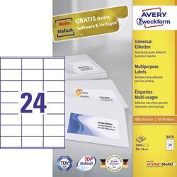 White multipurpose labels on a sheet, featuring 24 labels per sheet, measuring 70x36mm, suitable for laser and inkjet printers, with a clean, professional design.