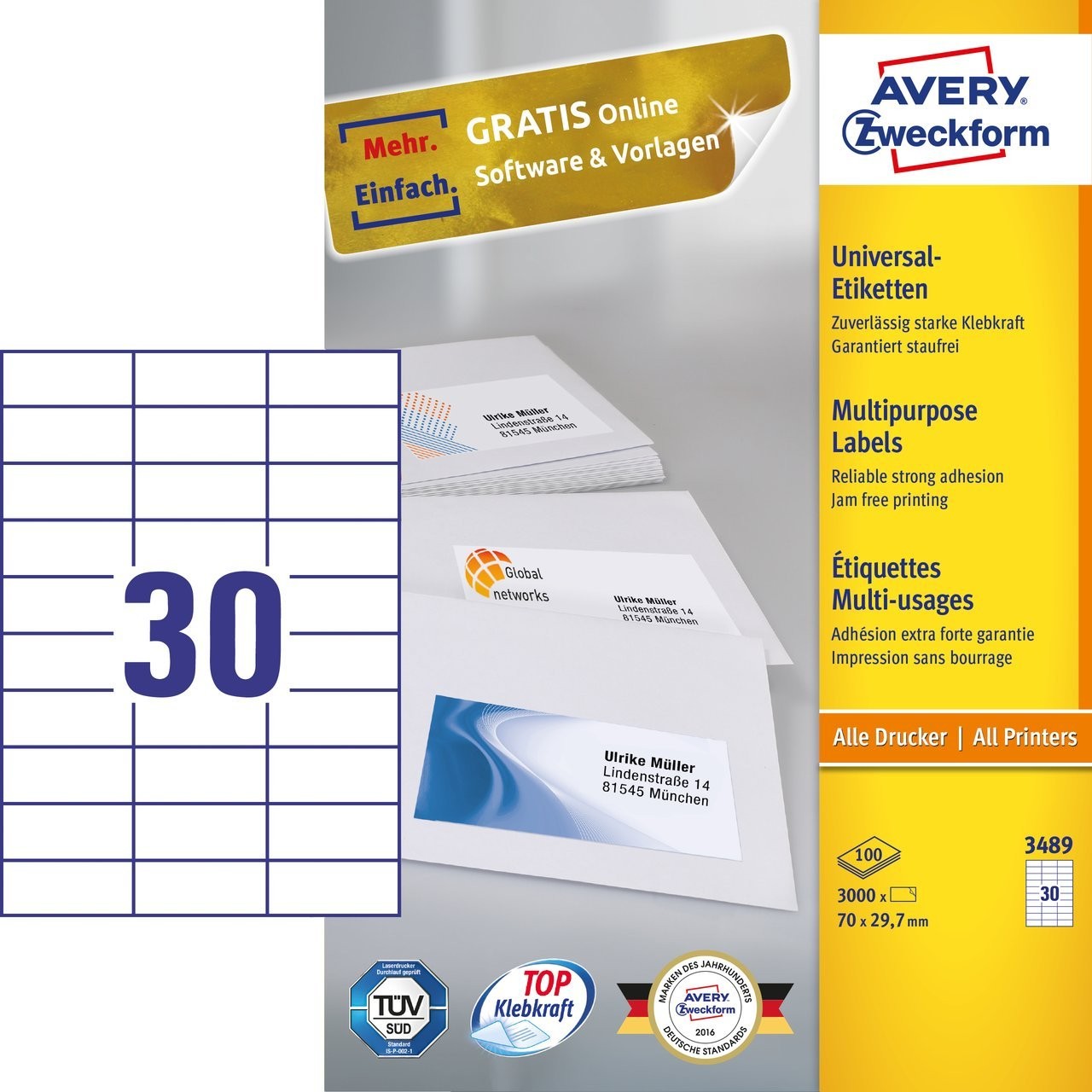 Self-adhesive rectangular white labels in a pack of 3000, featuring a grid layout with 30 labels per sheet, suitable for all printers.