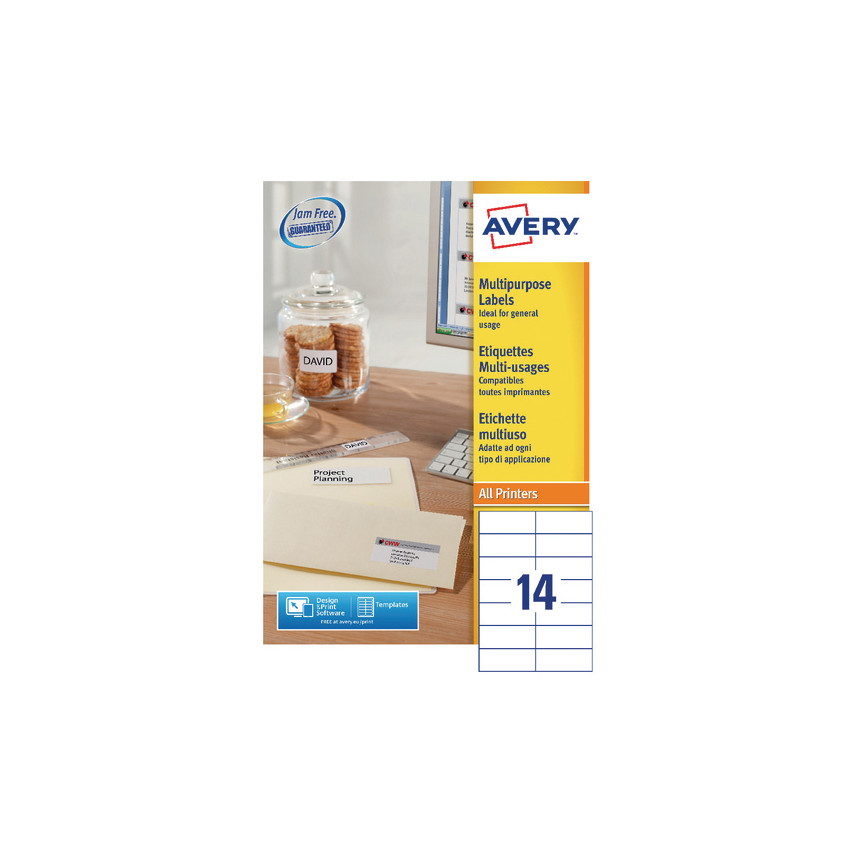 White self-adhesive multipurpose labels by Avery, featuring 14 labels per A4 sheet, packaged in a box with a colorful design and labeled for use with all printers.