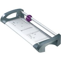 Avery A3TR paper cutter with gray base, purple rotary blade, and clear measurement grid for 12 sheets.