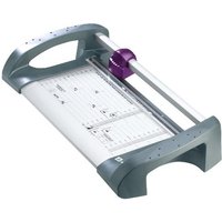Gray and purple Avery A4TR paper cutter with 12-sheet capacity, featuring a metal cutting rail and measurement grid.
