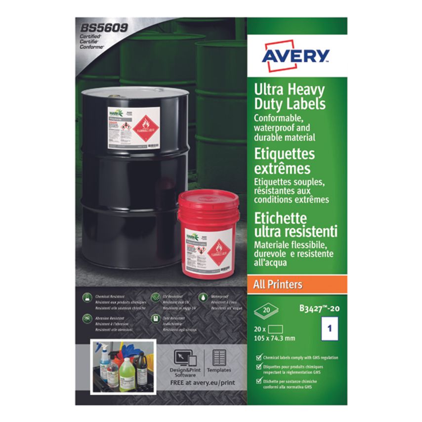 Avery B3427-20 Ultra Resistant Labels package featuring 20 sheets with 8 labels per sheet, showcasing a green and black design, durable material, and waterproof features.