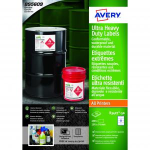 Avery B3427-50 Ultra Resistant Labels package featuring 50 sheets with 8 labels per sheet, showcasing a durable design suitable for various surfaces and environments.