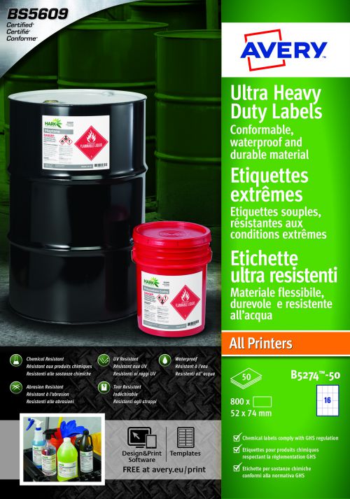 Avery B5274-50 Ultra Resistant Labels package featuring 50 sheets with 16 white labels per sheet, highlighting waterproof and durable material for all printers.