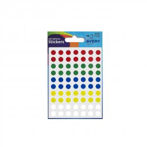 Assorted round stickers in red, green, blue, yellow, and white, 8 mm in size, packaged on a white backing with Avery branding and a hang tab.