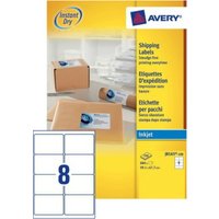 Avery J8165-100 white self-adhesive addressing label pack with 8 labels per sheet, yellow packaging with blue accents.