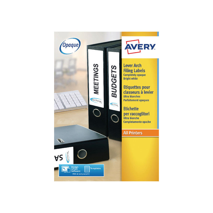 White adhesive label sheets in a pack of 100, featuring high visibility for easy identification, suitable for all printers, with a bright, opaque finish.