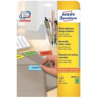 Avery L6033-20 green removable self-adhesive labels, rounded rectangle, 4" size, shown on a desk with pens.