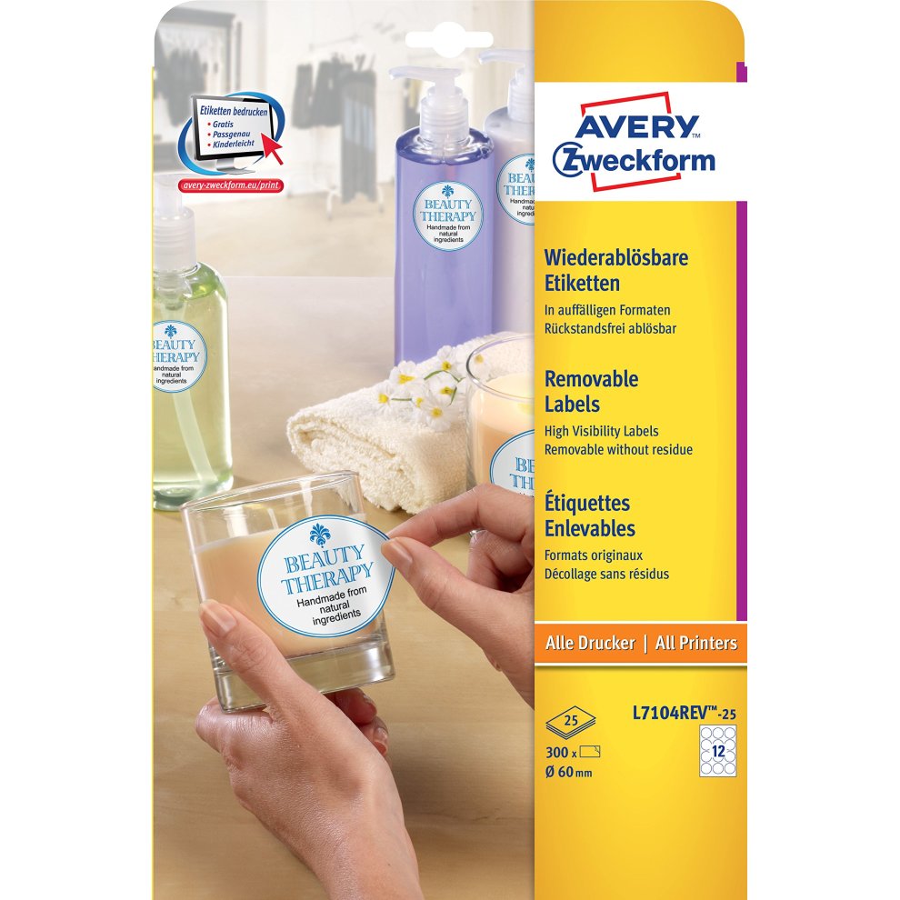 Self-adhesive white circular labels in a pack of 300, featuring a clear plastic backing and designed for easy application on various surfaces.