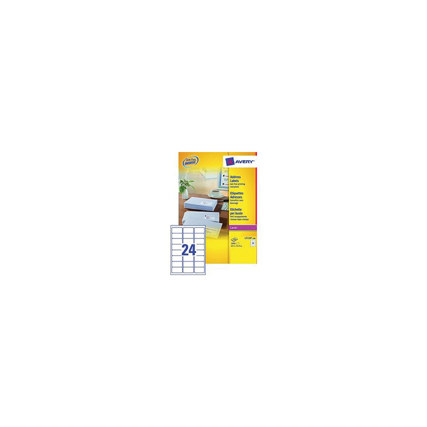 Avery L7159-100 address labels pack featuring 100 sheets, with 24 white labels per sheet, displayed against a bright yellow background with a product description.