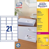 Avery L7160-100 white self-adhesive labels, rounded rectangle, permanent, 21 labels per sheet, for laser printers.