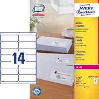 Avery L7163-100 white self-adhesive labels, rounded rectangle, permanent, 14 per sheet, laser compatible.