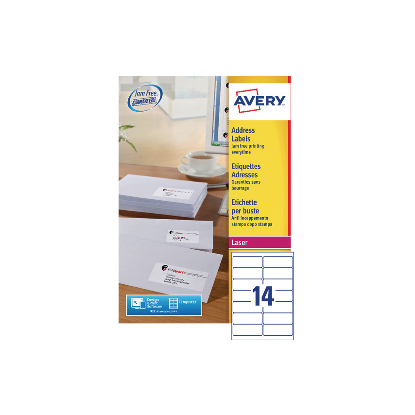 Self-adhesive white addressing labels in a pack, featuring a blue and red Avery logo, with templates for easy printing and a layout of 14 labels per sheet.