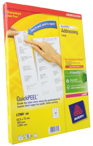 Bright yellow packaging featuring Avery branding, containing 1200 white laser address labels, sized 63.5x72mm, with QuickPEEL technology for easy application.