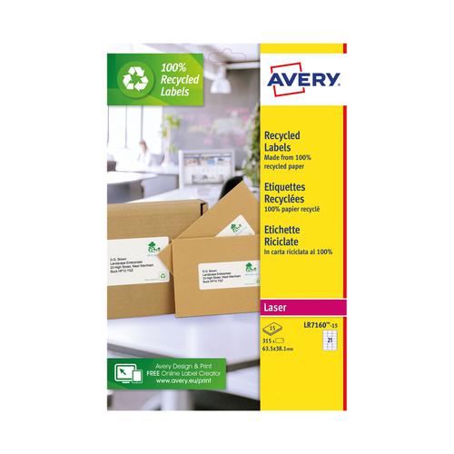 Avery LR7160-15 recycled address labels package featuring 15 sheets with 21 labels per sheet, showcasing a green recycling symbol and a clean, white label design.