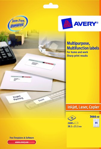 Avery 3666 multipurpose labels pack featuring 40 sheets, 65 white labels per sheet, suitable for inkjet, laser, and copier use, with a bright yellow packaging background.