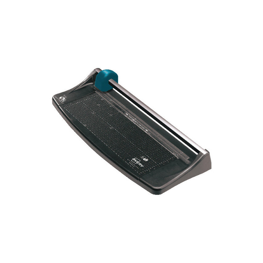 Avery TR003 A3 photo and paper trimmer features a sleek black base with a clear cutting surface, a blue cutting arm, and precise measurement markings for accurate trimming.