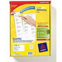 Avery QuickPEEL White FSC Addressing Labels in yellow packaging with red and blue accents, showing label sheets.
