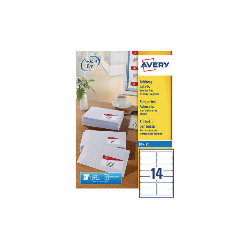Self-adhesive white address mailing labels for inkjet printers, 14 labels per A4 sheet, 100 sheets total, featuring QuickDRY technology for smudge-free printing.
