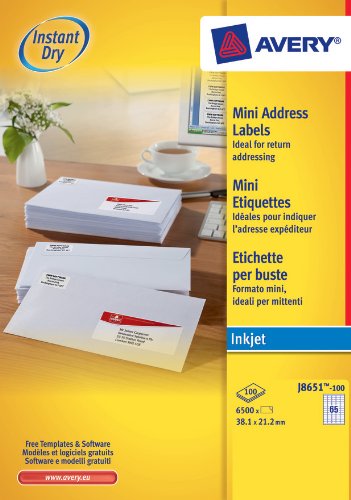 Avery J8651-100 QuickDry Mini Address Labels package featuring 100 sheets, each with 65 labels, in a bright yellow and blue design, ideal for inkjet printing and return addressing.