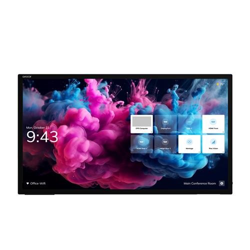 75-inch UHD 4K interactive touchscreen display featuring a sleek black frame, vibrant colorful background, and a user-friendly interface with app icons and time displayed.