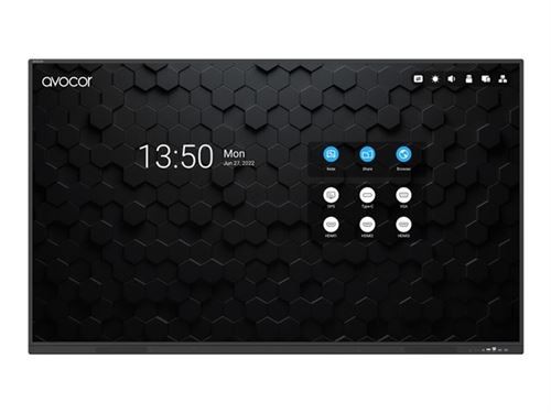 Avocor S-Series 65" interactive display features a sleek black design with a hexagonal pattern, 4K resolution, and touch functionality, ideal for collaborative environments.