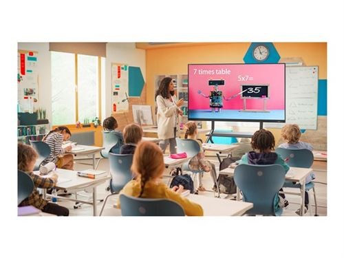 75" interactive display with a sleek black frame, showcasing a vibrant 4K screen in a classroom setting, featuring a teacher and students engaged in learning activities.