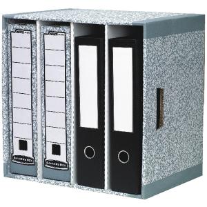 Grey file storage box set containing five boxes, featuring a textured finish, labeled sections, and a mix of grey and black binders for organized document storage.