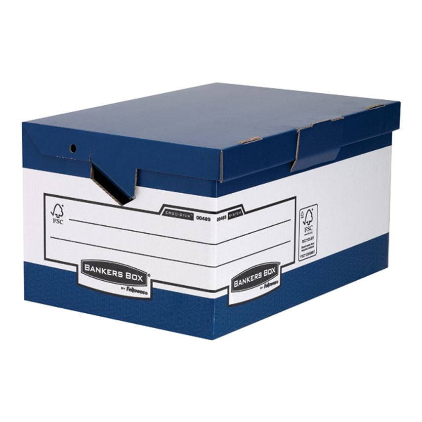 Blue and white cardboard storage box with a lid, featuring a label area for organization, part of a pack of 10, designed for easy stacking and storage.