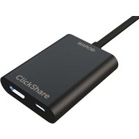 Black Barco ClickShare wireless presentation accessory with USB-C connector and sleek rectangular design