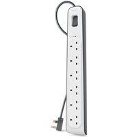 White Belkin surge protector with 6 AC outlets, 2-meter cord, and black power switch on top.