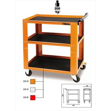 Steel tool cart in vibrant orange with three black shelves, capable of holding 440 lbs, measuring 31.5" L, 17.72" W, and 35.4" H, featuring sturdy wheels for mobility.
