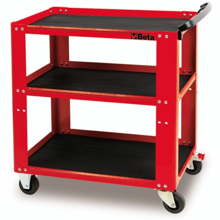 Red steel tool cart with three black shelves, a load capacity of 440 lbs, measuring 31.5 in L, 17.72 in W, and 35.4 in H, featuring sturdy wheels for mobility.