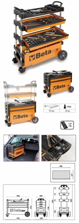 Beta's C27 S-Folding Tool Trolley features an orange and black design, with multiple shelves for tools, sturdy wheels for mobility, and a compact folding mechanism for easy storage.