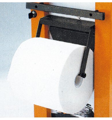 Peerless Hardware 024990090 paper roll holder features a sturdy black metal frame with an orange vertical support, designed to hold large rolls of paper securely.