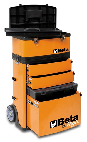 Orange tool trolley with multiple black drawers, a top compartment, and sturdy wheels, featuring the Beta logo prominently displayed on the front.