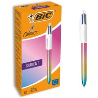 BIC 4 Colours ballpoint pen with gradient barrel, white clip-on retractable top, and four ink options: black, blue, green, red.
