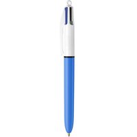BIC retractable ballpoint pen with blue barrel, white clip-on top, and silver accents.