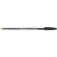 BIC Cristal black medium ballpoint pen with clear barrel, black cap, and gold tip.