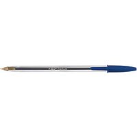 BIC Cristal blue medium ballpoint pen with clear barrel, blue cap, and blue end plug, pack of 50.