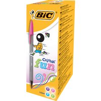 BIC Cristal Fun Pink Stick ballpoint pen box, yellow packaging with colorful graphics and black text.