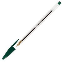 Clear-bodied BIC Cristal Green pen with green cap and end, featuring a gold tip and black ink.