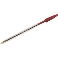Red BIC Cristal medium ballpoint pen with transparent hexagonal barrel and red cap, pack of 50.