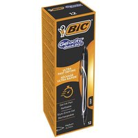 Black BIC Gel-ocity Quick Dry retractable pen with clip, medium point, in orange and black packaging.