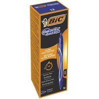 BIC Gel-ocity Quick Dry blue retractable pen with clip, medium point, in orange and blue packaging.