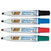 BIC Velleda whiteboard markers, bullet tip, in black, blue, red, and green, with white barrels and colored caps.